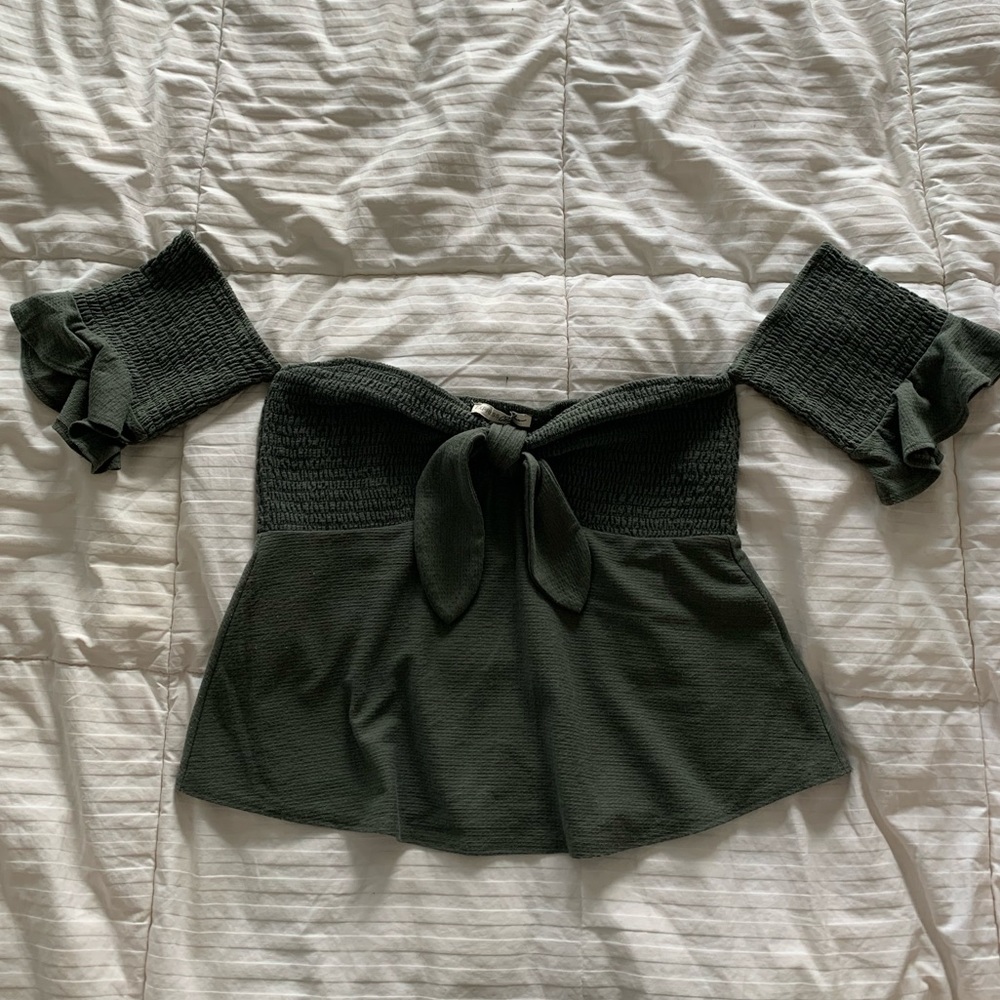 Express One Eleven Green Smocked Off The Shoulder Crop Top